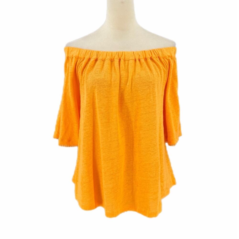 Chico’s Sz 1 Bright Orange 100% Linen Off the Shoulder Summer Beachy Boho Top
